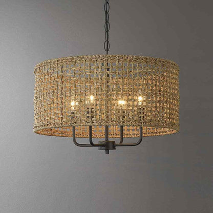 TRUE FINE Cape 20 in. 4-Light Bohemian Drum Chandelier w/ Lime Hand Woven Shade