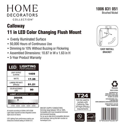 Home Decorators Calloway 11 in. Brushed Nickel Integrated LED 5CCT Flush Mount