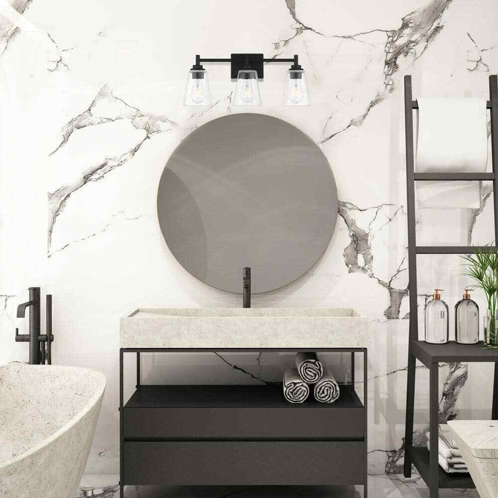 Hampton Bay Wakefield 22 in. 3-light Matte Black Vanity with Clear Glass Shades