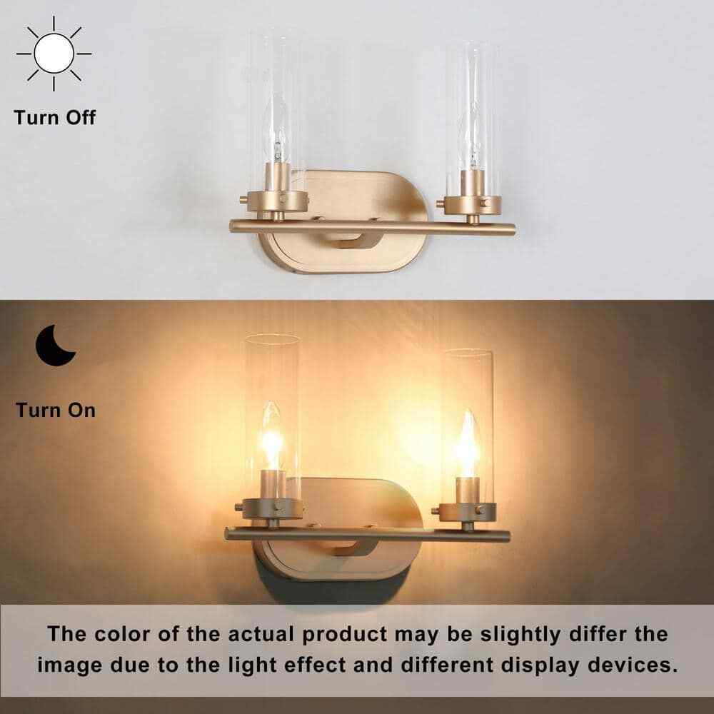 LNC Modern Brass Gold 2-Light Candlestick Vanity Light with Clear Cylinder Shade