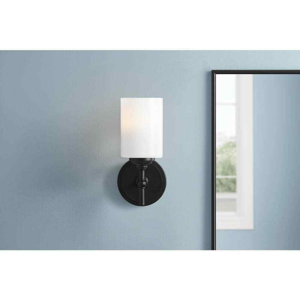 Home Decorators Collection Ayelen 1-Light Black Wall Sconce Opal White Glass