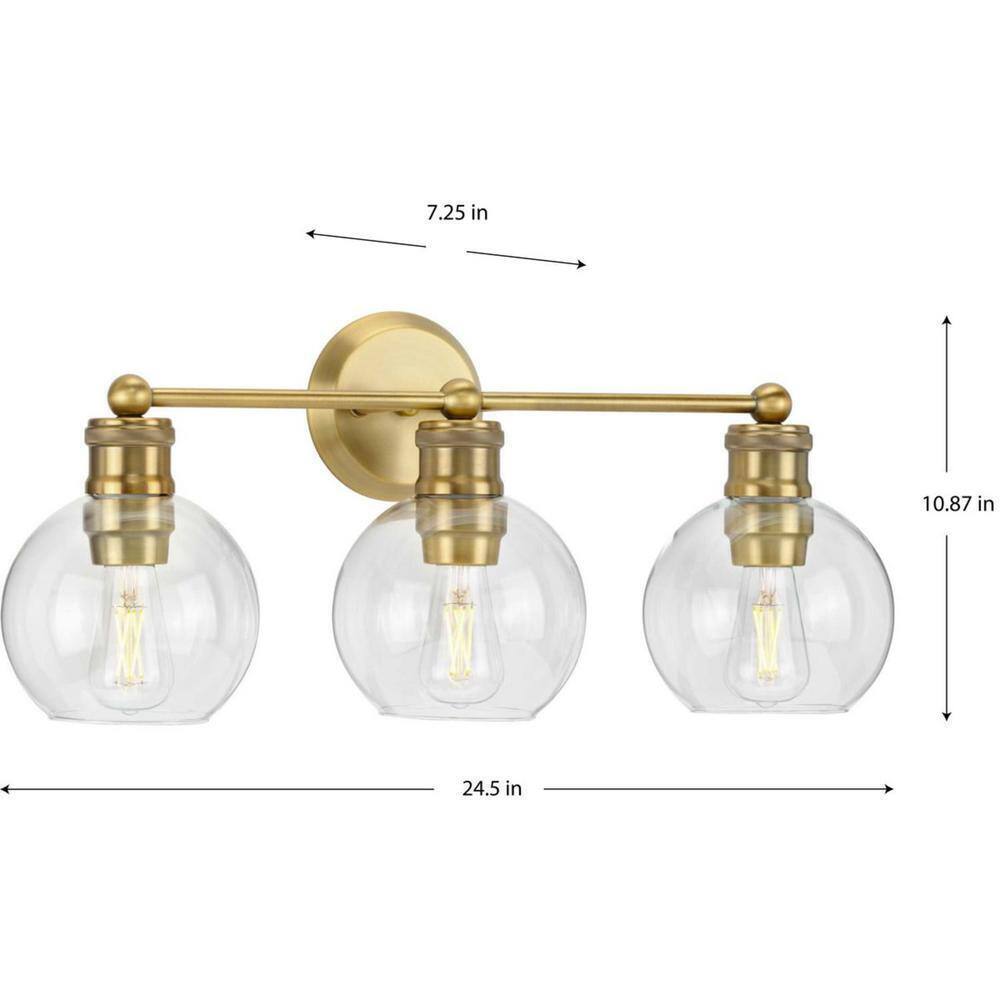 Progress Lighting Hansford 3-Light Gold Vintage Brass Clear Glass Vanity Light
