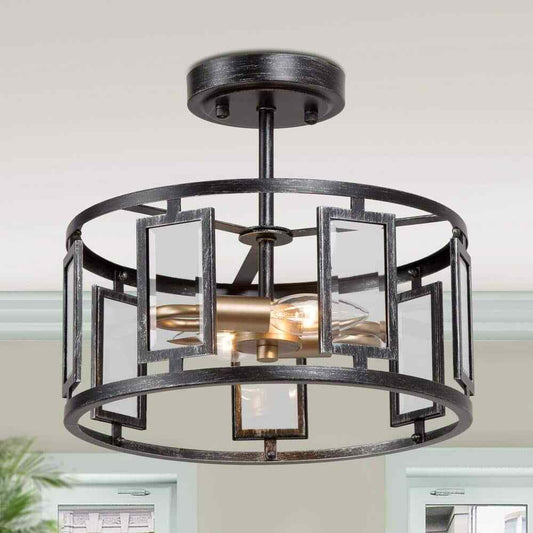 Uolfin Brushed Black 12 in. 2-Light Rustic Cage Semi-Flush Mount Ceiling Light