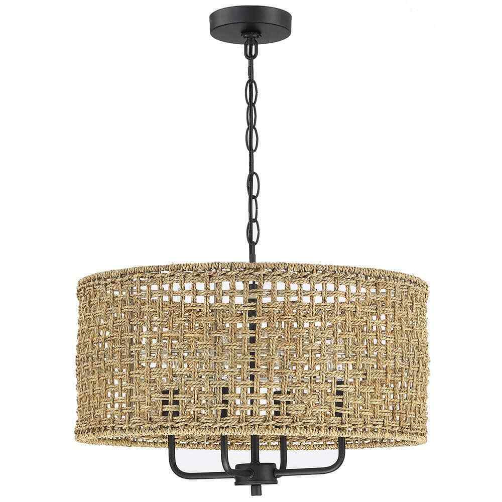 TRUE FINE Cape 20 in. 4-Light Bohemian Drum Chandelier w/ Lime Hand Woven Shade
