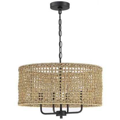 TRUE FINE Cape 20 in. 4-Light Bohemian Drum Chandelier w/ Lime Hand Woven Shade