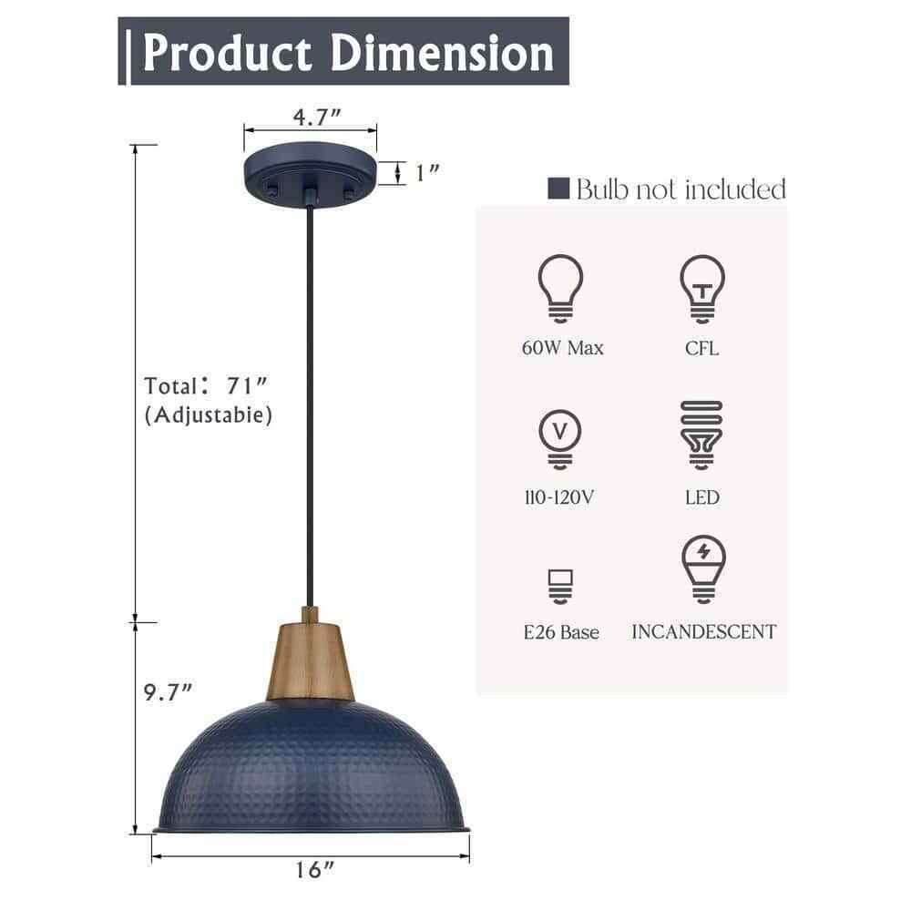 JAZAVA 16 in. Navy Pendant Light Fixture w/ Hammered Metal Shade Island 2-Pack