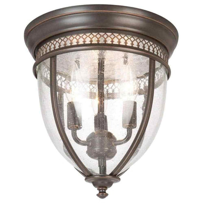 SUPERHUNTER 11 in. Oil-Rubbed Bronze Flush Mount Fixture w/ Seeded Glass Shade