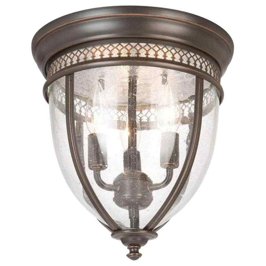 SUPERHUNTER 11 in. Oil-Rubbed Bronze Flush Mount Fixture w/ Seeded Glass Shade