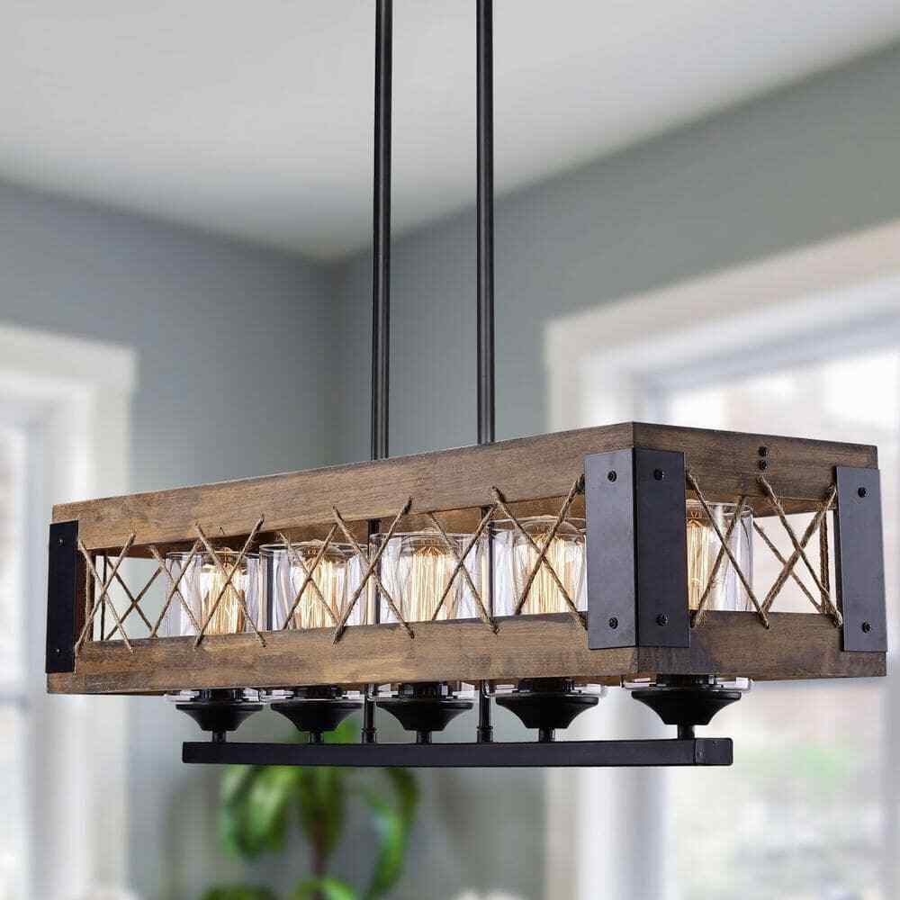 LNC Modern Farmhouse 32 in. W Black Rectangular 5 Light Dining Room Chandelier