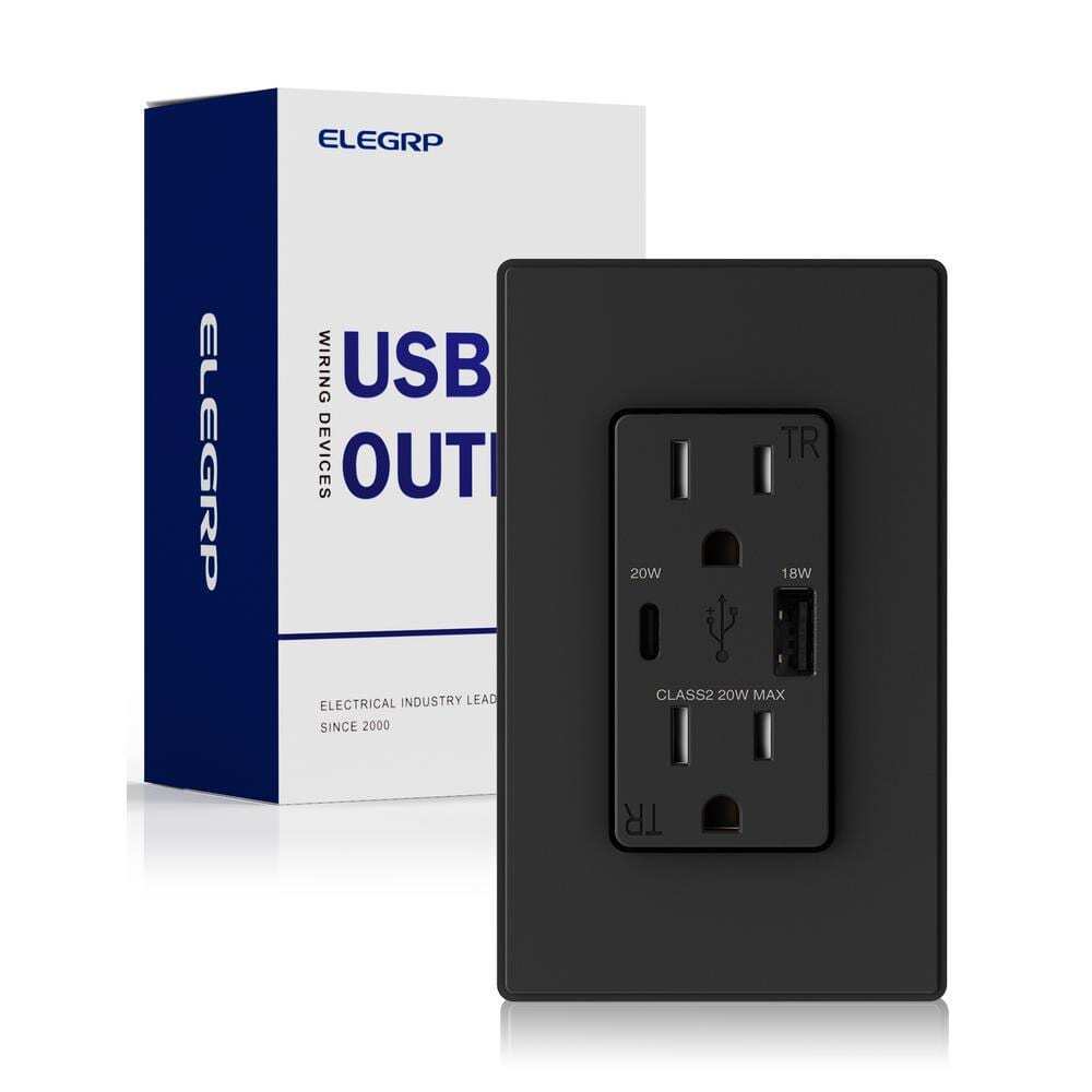 ELEGRP 20W USB Wall Outlet w/ Type A and Type C USB Ports w/Wall Plate Black