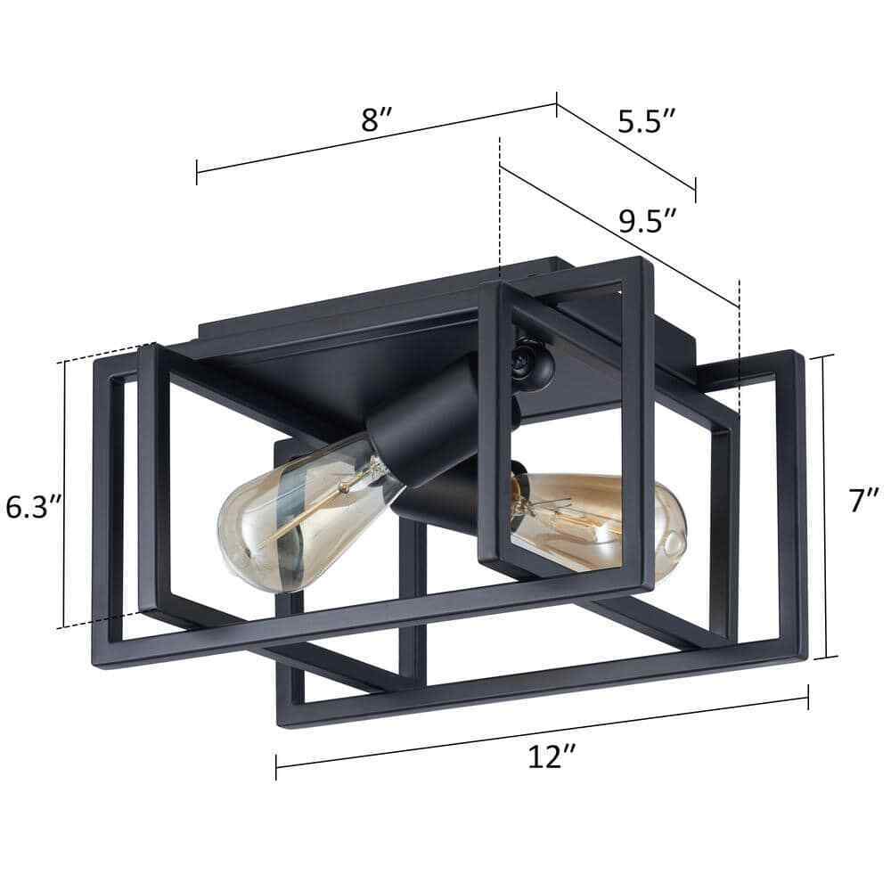 Merra 12 in. 2-Light Matte Black Open Geometric Frame Flush Mount