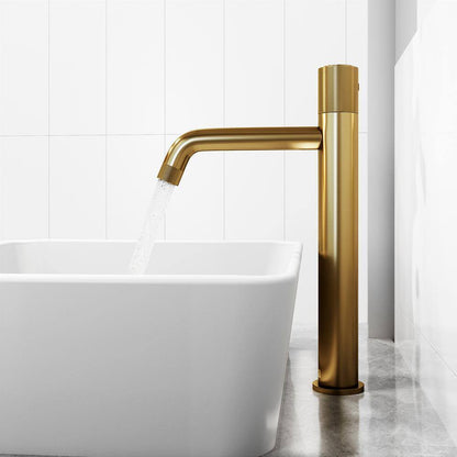 VIGO Apollo Button Operated Single-Hole Bathroom Vessel Faucet Matte Brush Gold