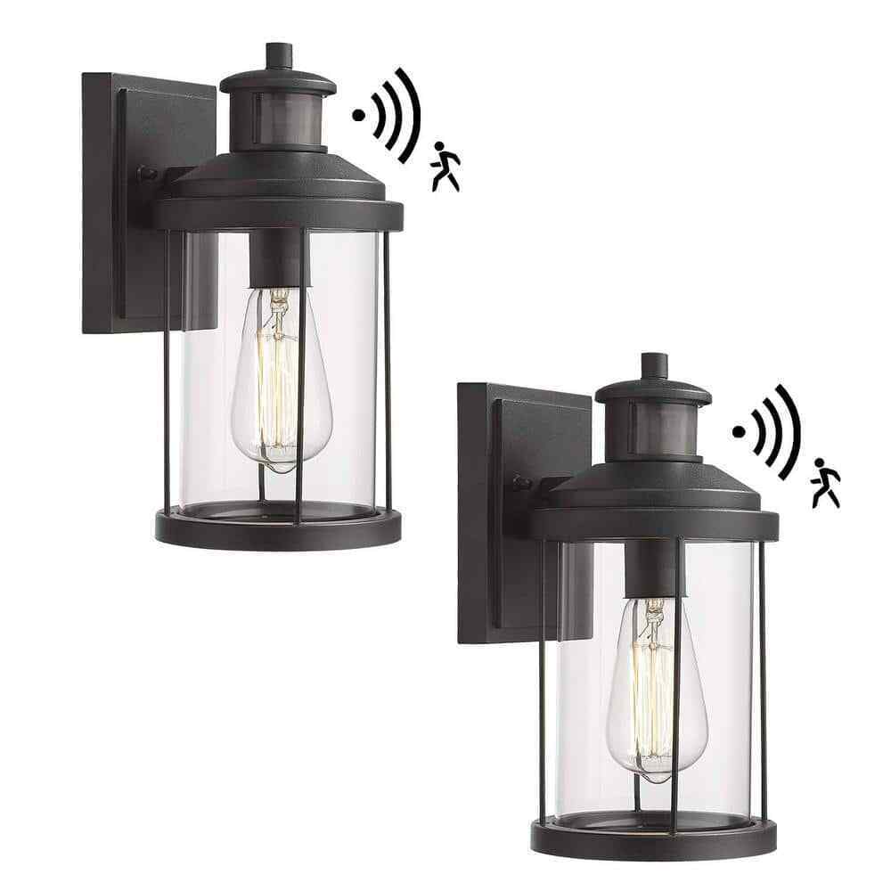 JAZAVA Black Dusk To Dawn Motion Sensing Outdoor Wall Lantern Sconce Light 2-Pk