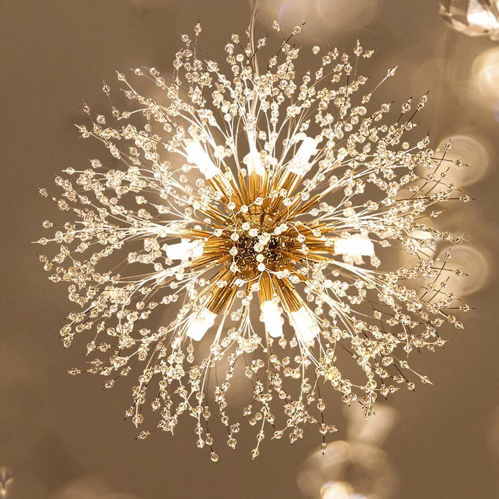 LamQee 8-Light 15.7 in. Gold Dandelion Firework Chandelier Crystal Pendant Light