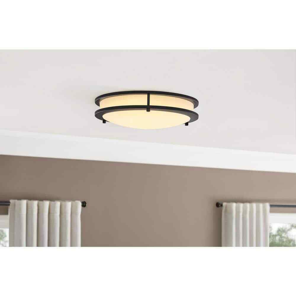 Flaxmere 14 in. Bronze Dimmable Flush Mount Ceiling Light w/ Frosted White Glass