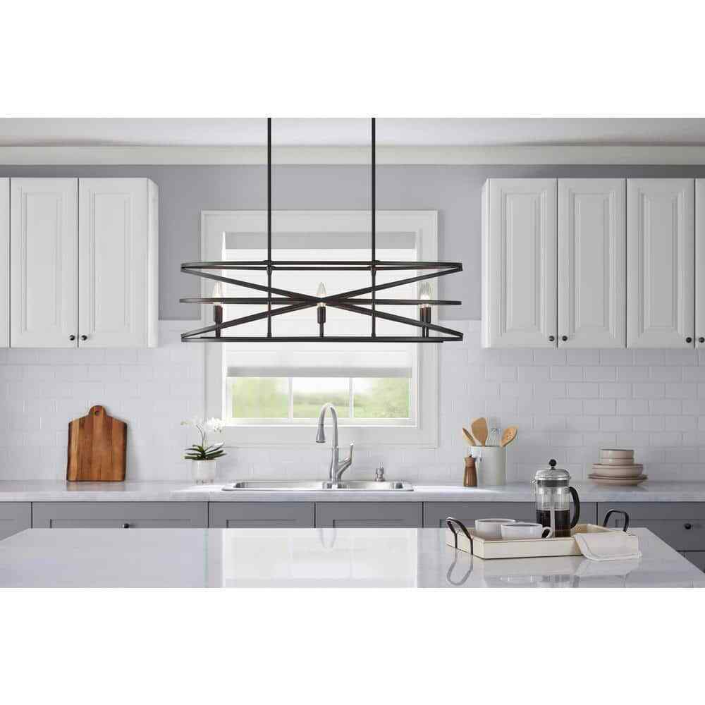Home Decorators Sarolta Sands Bronze Kitchen Island Light w/ Linear Metal Shade