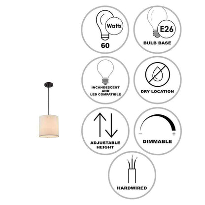 Monteaux Lighting 10 in. 1-Light Black Drum Pendant Light Fixture w/ Linen Shade