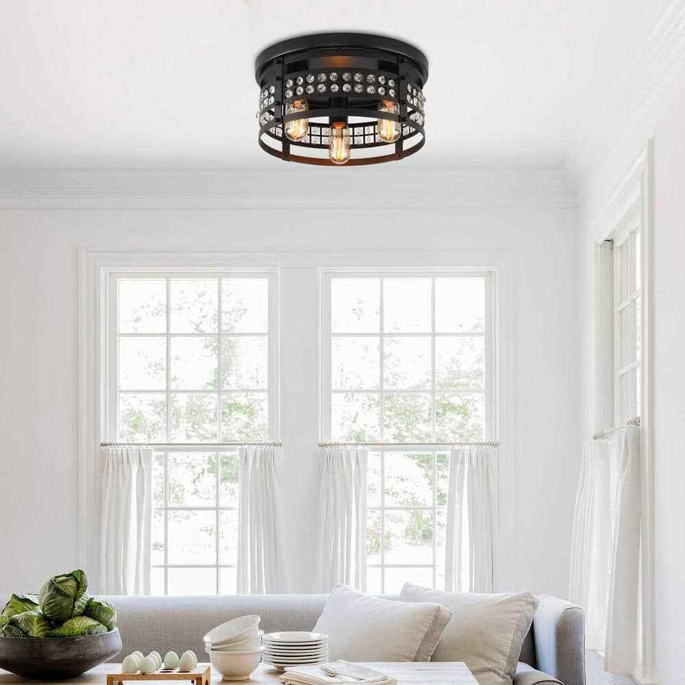 Flint Garden 13.4 in. 3-Light Modern Industrial Matte Black Drum Flush Mount
