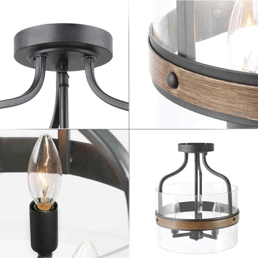 LNC Modern Farmhouse Drum Ceiling Light w/ Faux Wood Accent Clear Glass Shade