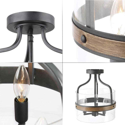 LNC Modern Farmhouse Drum Ceiling Light w/ Faux Wood Accent Clear Glass Shade