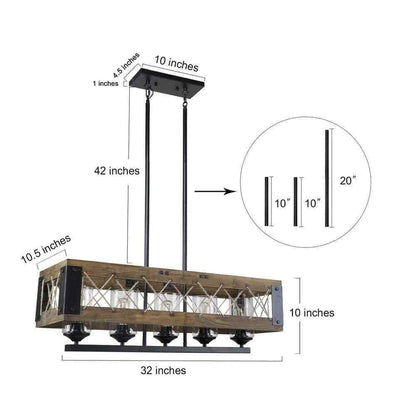 LALUZ Wood Chandelier Black Farmhouse Island 5-Light Rectangular Cage Chandelier