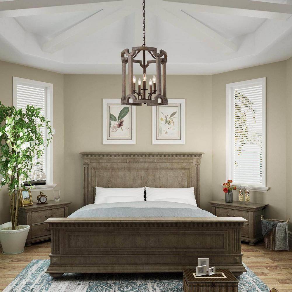 LNC Rustic Farmhouse 5-Light Bronze Weathered Real Wood Drum Chandelier