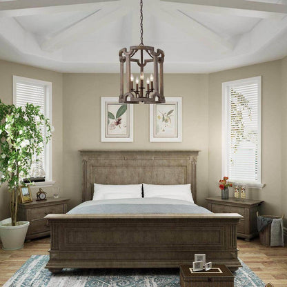 LNC Rustic Farmhouse 5-Light Bronze Weathered Real Wood Drum Chandelier