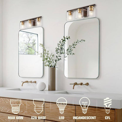 JAZAVA 20.9 in. 3Oil Rubbed Bronze and Gold Finish Vanity Light w/ Glass Shade