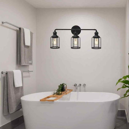 Cedar Hill 24 in. 3-Light Black Industrial Vanity with Metal Cage Wall Sconce