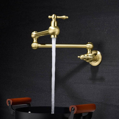 FLG Wall Mounted Pot Filler Double Handle Kitchen Sink Faucet Brushed Gold