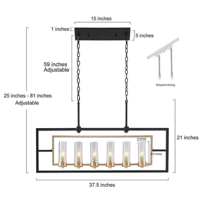 Uolfin Modern Black and Brass Large Linear 37.4" 6-Light Island Chandelier Light