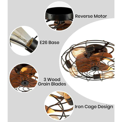 ANTOINE 20 in. 4-Light Indoor Black Wood Grain Industrial Metal Cage Ceiling Fan