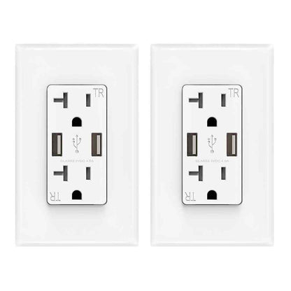 USB Dual Type A In-Wall 20 Amp Duplex Tamper Resistant Outlet White 2-Pack
