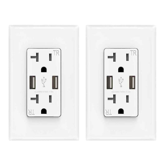 USB Dual Type A In-Wall 20 Amp Duplex Tamper Resistant Outlet White 2-Pack