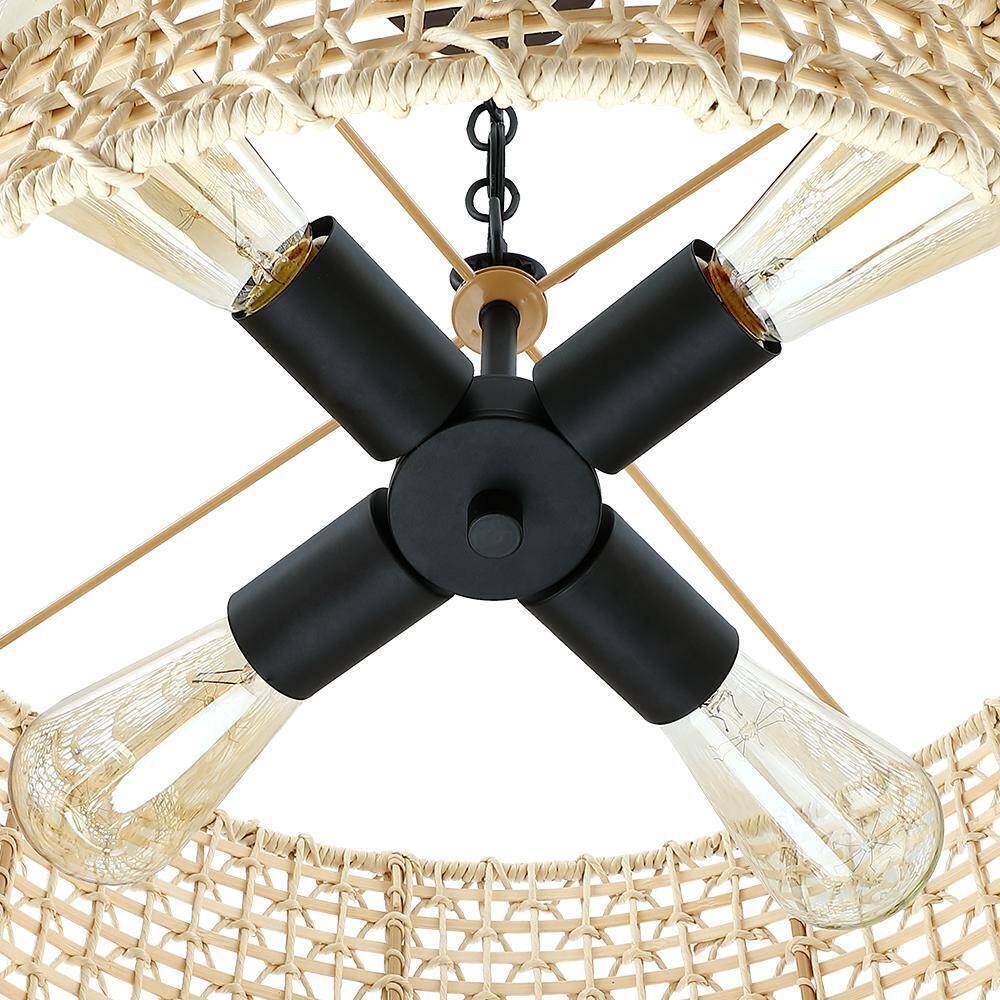 TRUE FINE Bohe 19 in. 4-Light Bohemian Pendant with Natural Rattan Shade