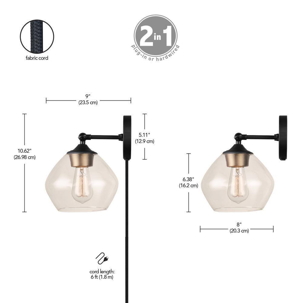 Globe Electric Matte Black and Gold Plug-In or Hardwire Wall Sconce w/ 6 ft Cord