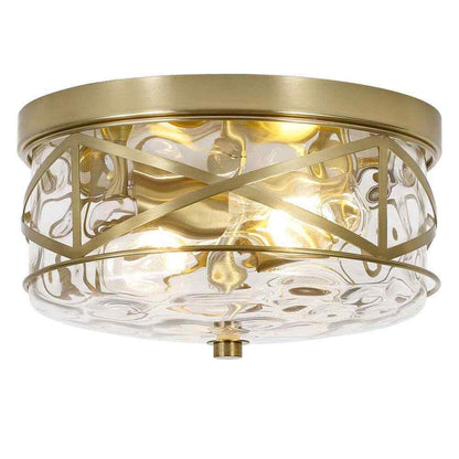 LamQee 12 in. 2-Light Brass Gold Flush Mount Water Ripple Glass Ceiling Light