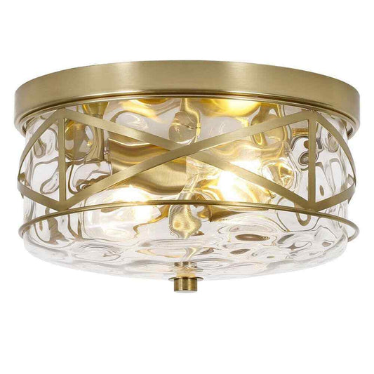 LamQee 12 in. 2-Light Brass Gold Flush Mount Water Ripple Glass Ceiling Light