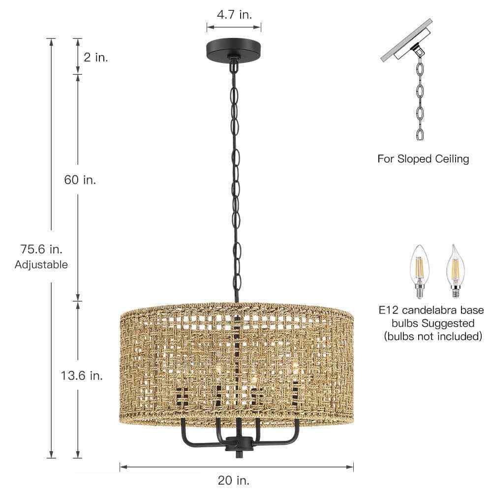 TRUE FINE Cape 20 in. 4-Light Bohemian Drum Chandelier w/ Lime Hand Woven Shade