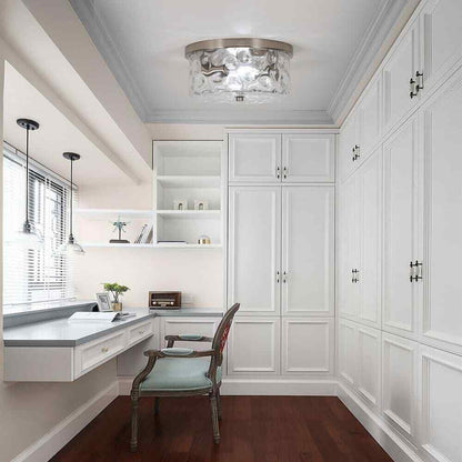 LamQee 12 in. 2-Light Brushed Nickel Ceiling Light w/ Water Rippled Glass Shade