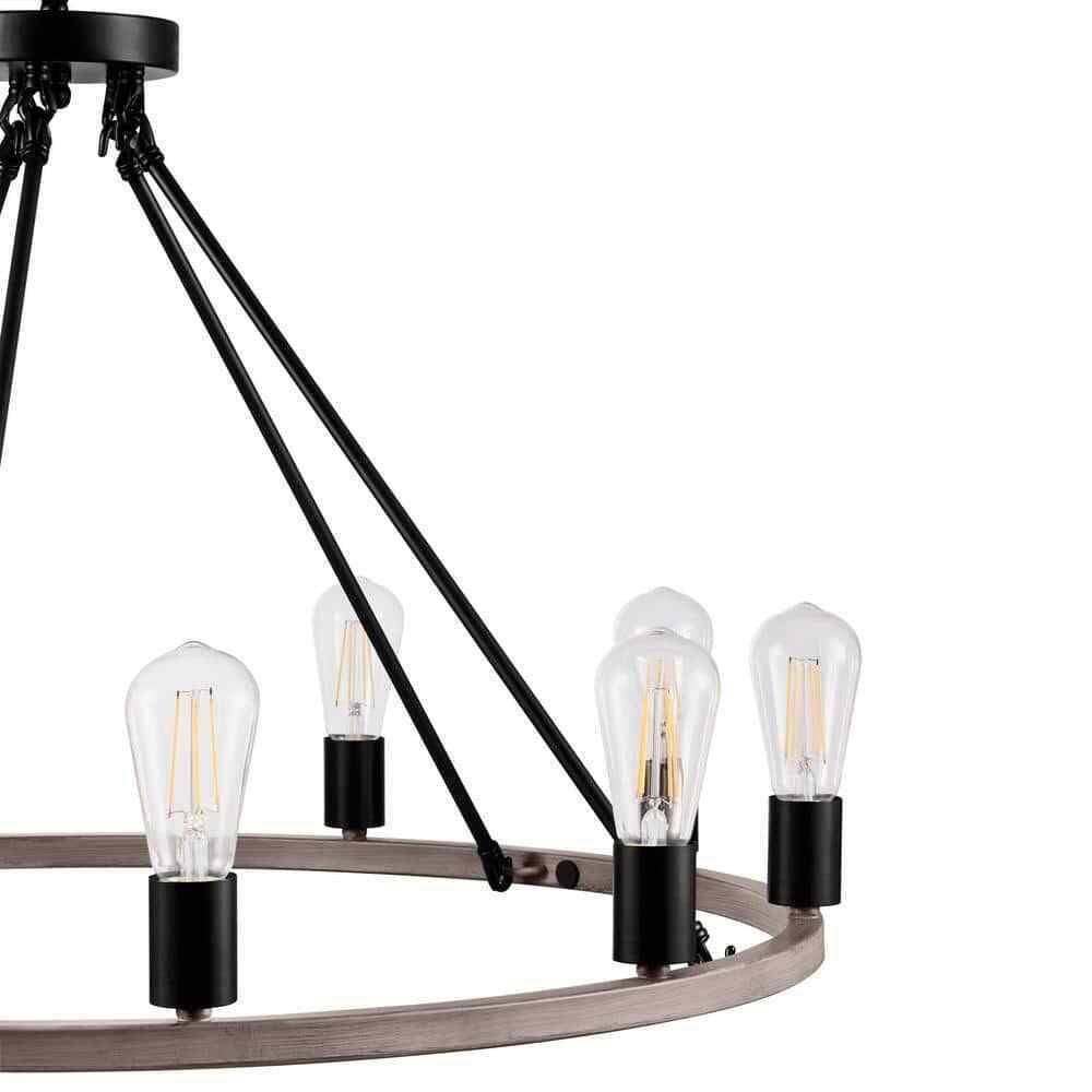 Hampton Bay Stratton 10-Light Black and Woodgrain Wagon Wheel Chandelier