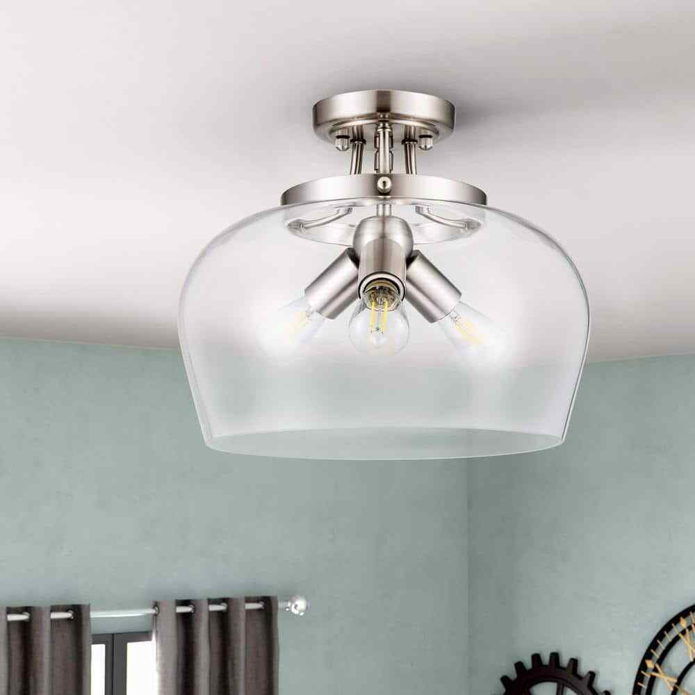 Merra 3-Light Blushed Nickel Semi Flush Mount Ceiling Light with Glass Shade