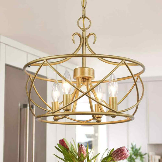 Uolfin Mid-Century Modern Dining Room 4-Light Antique Gold Drum Chandelier