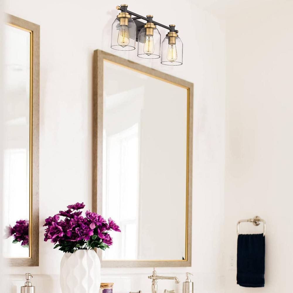 JAZAVA 21.3 in. 3 Light Black and Gold Indoor Vanity Light Wall Sconce Light