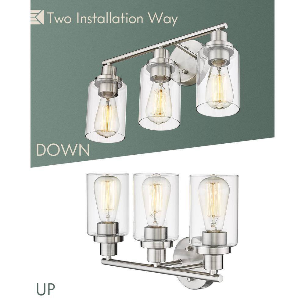 JAZAVA 3-Light Brushed Nickel Bathroom Vanity Light w/ Clear Shade Bathroom