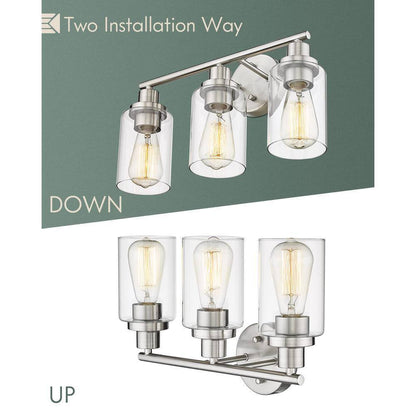 JAZAVA 3-Light Brushed Nickel Bathroom Vanity Light w/ Clear Shade Bathroom