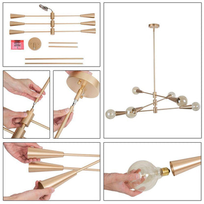 Uolfin Modern Sputnik Dule 6-Light Brass Gold Linear Chandelier
