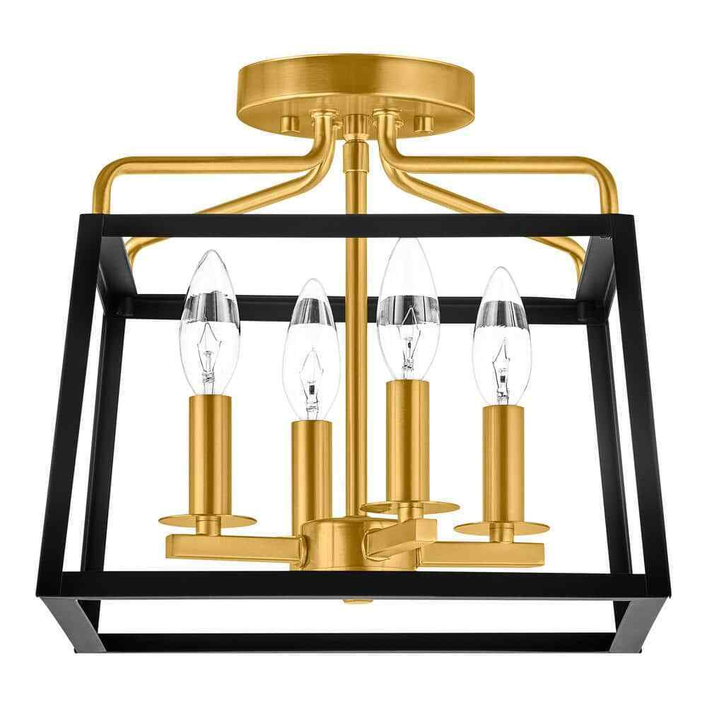 Hampton Bay Parley 12 in. 4-Light Matte Black and Gold Cage Semi- Flush Mount