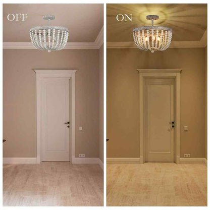 LNC 16 in. Modern Farmhouse Antique White Wood Beaded Semi-Flush Mount 3-Light