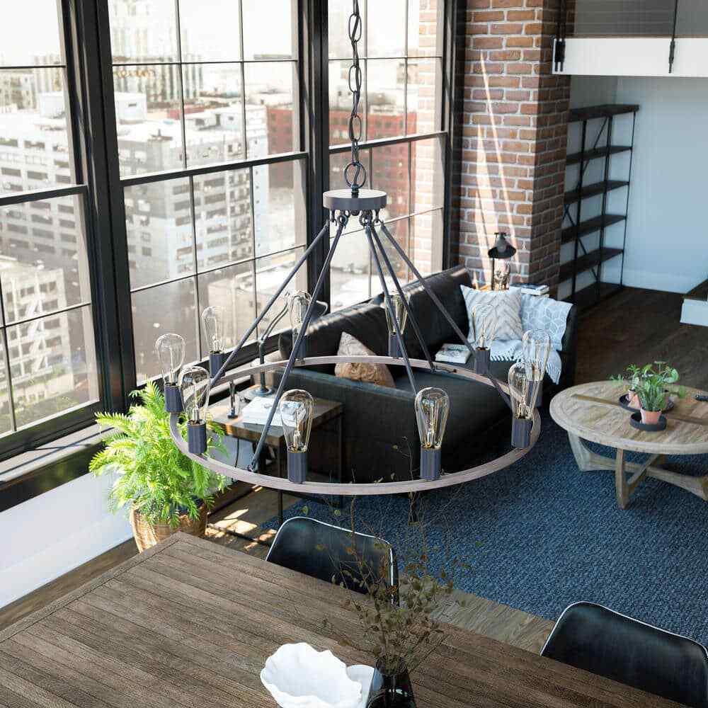Hampton Bay Stratton 10-Light Black and Woodgrain Wagon Wheel Chandelier